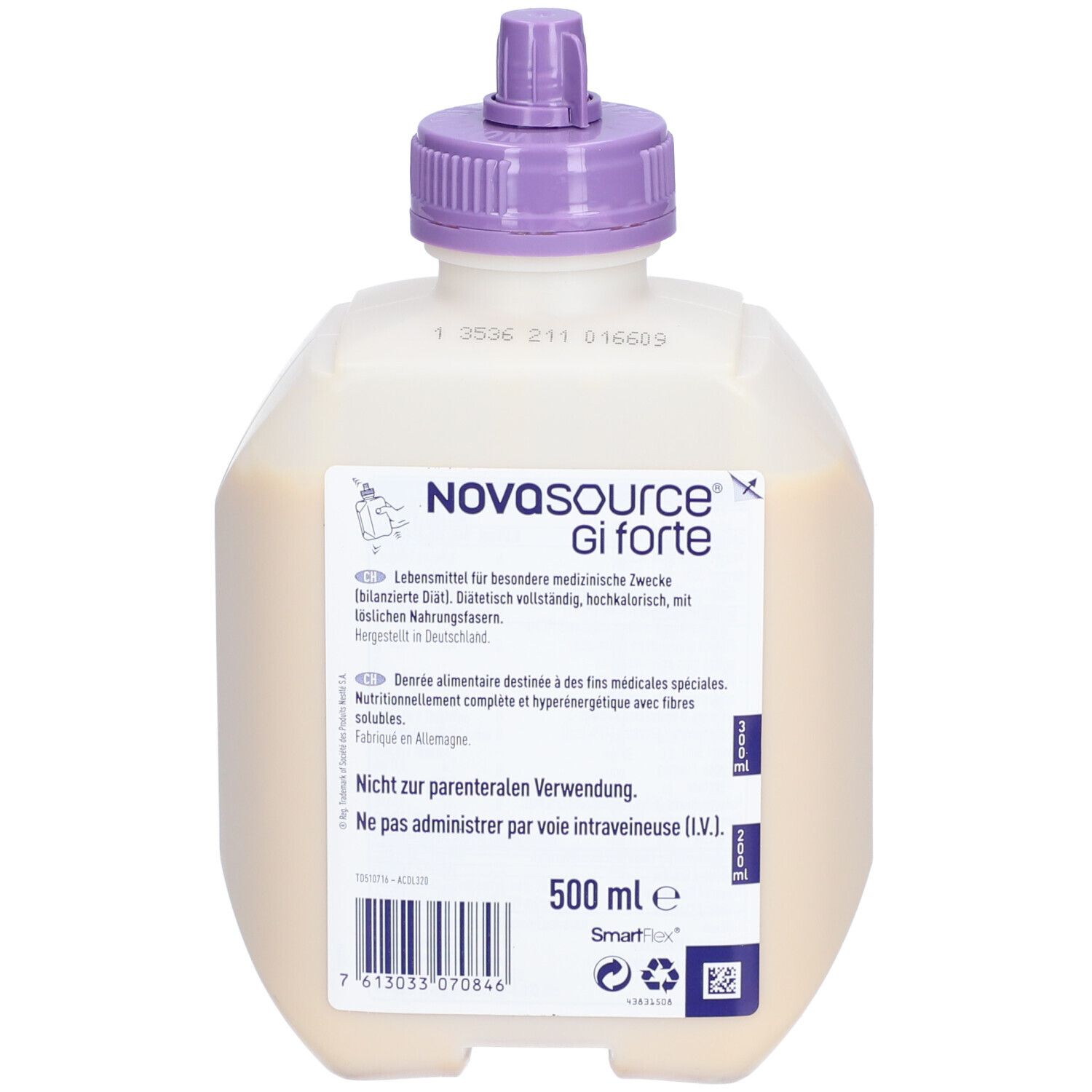 Bouteille NOVASOURCE® Gi forte, 500 ml, bouchon violet. Texte et logo au dos.
