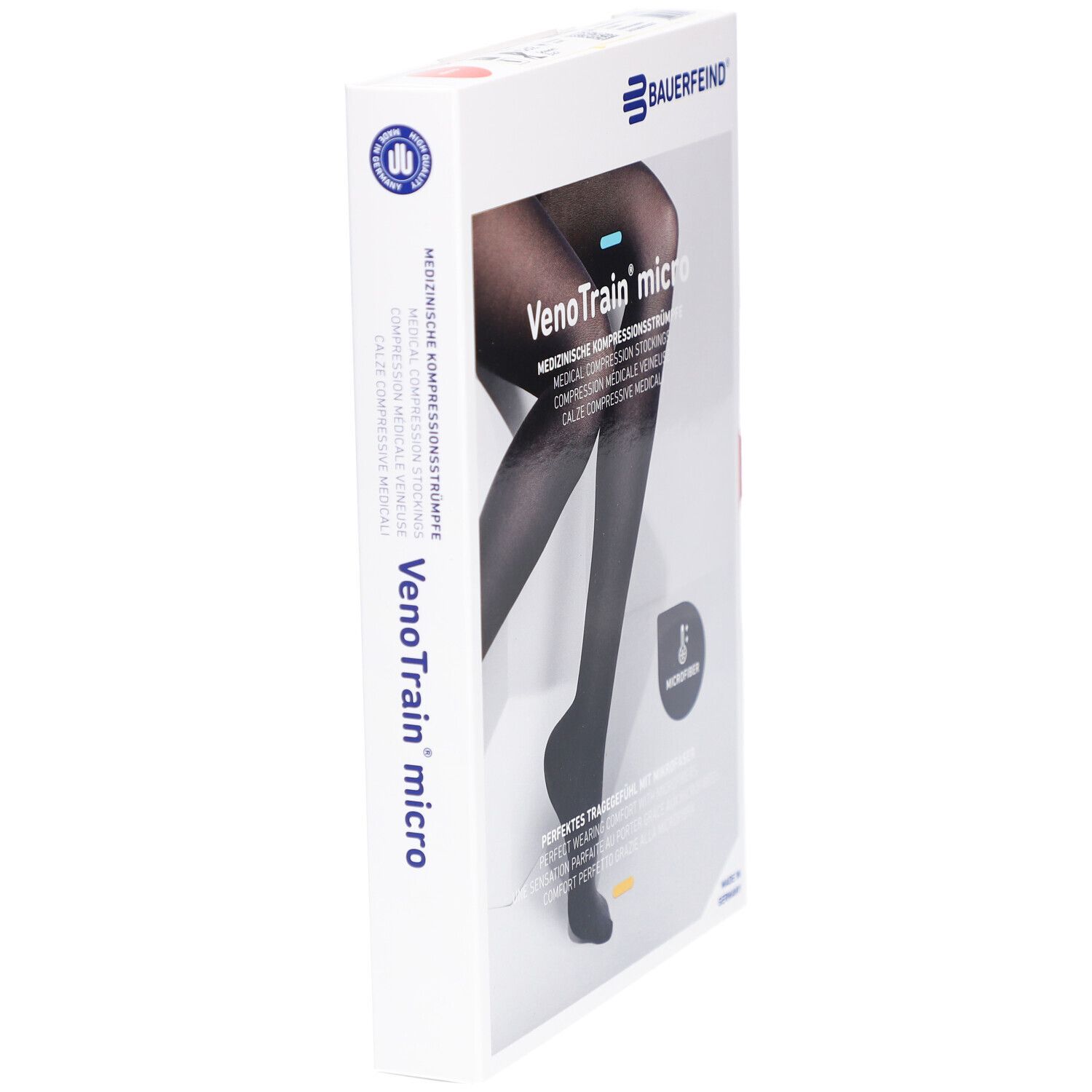 Verpackung mit Kompressionsstrümpfen. Marke: BAUERFEIND. Produktname: VenoTrain micro. Seitenansicht der Verpackung.