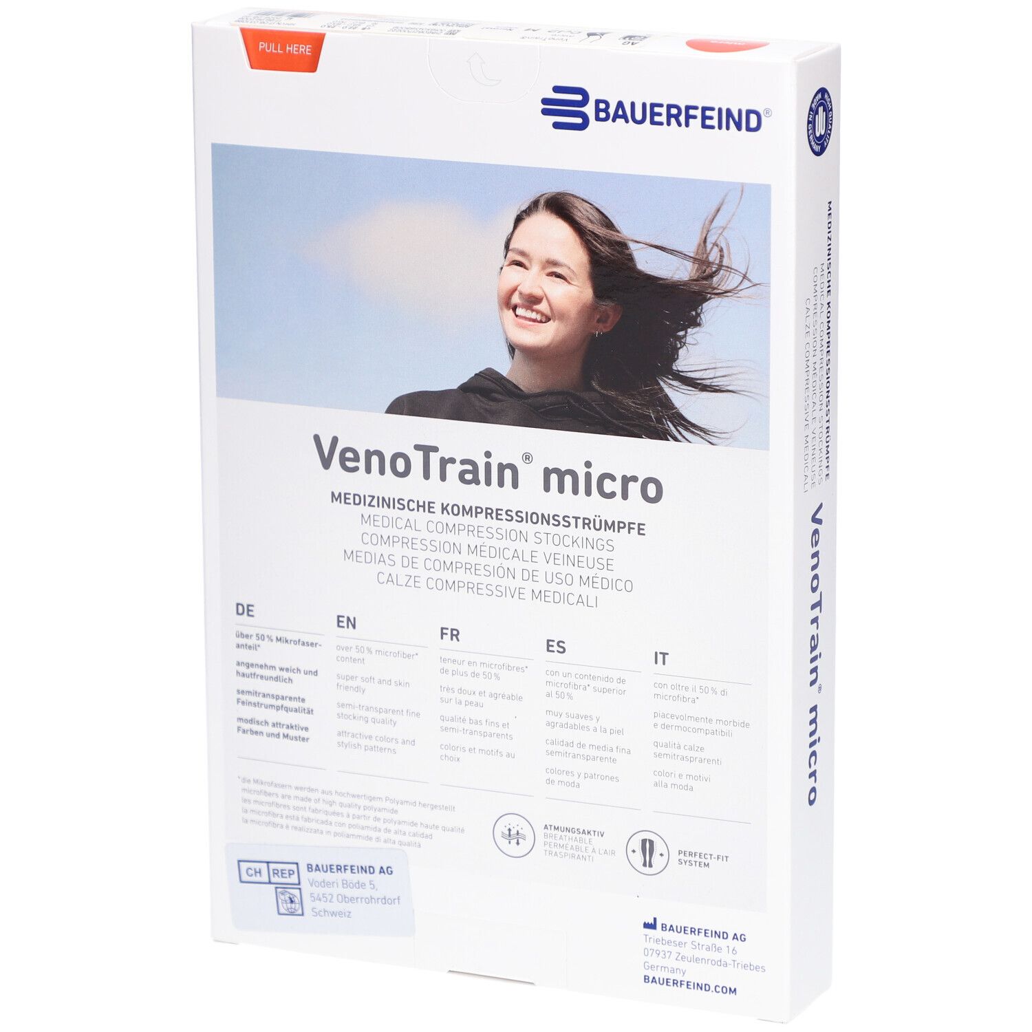 Verpackung mit Kompressionsstrümpfen. Marke: BAUERFEIND. Produktname: VenoTrain micro. Rückseite mit Informationen und einer Frau.