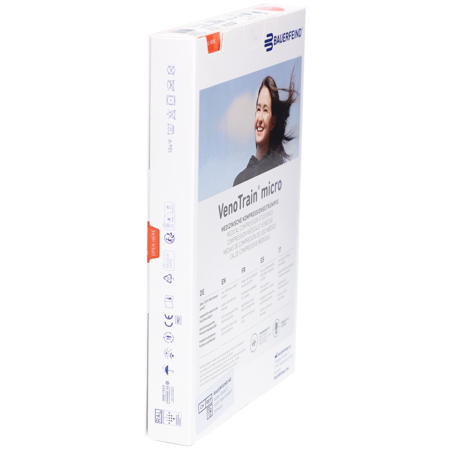 Verpackung mit Kompressionsstrümpfen. Marke: BAUERFEIND. Produktname: VenoTrain micro. Seitenansicht mit Informationen.