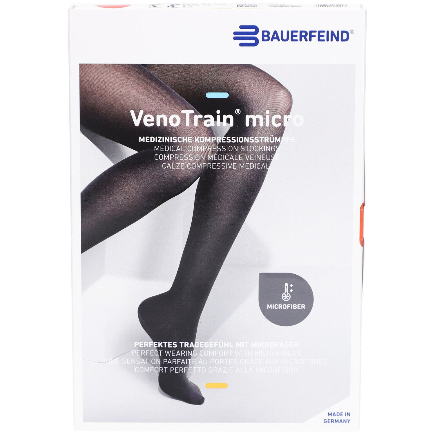 Verpackung mit Kompressionsstrümpfen. Marke: BAUERFEIND. Produktname: VenoTrain micro. Schwarze Strümpfe auf der Verpackung abgebildet.