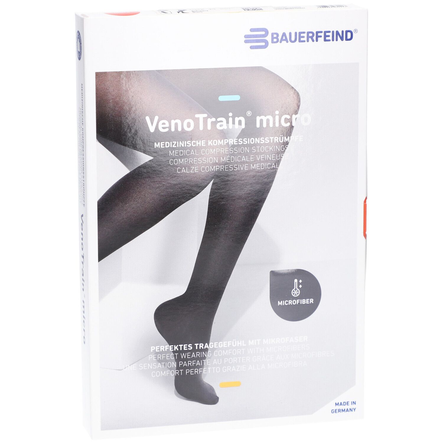 Verpackung mit Kompressionsstrümpfen. Marke: BAUERFEIND. Produktname: VenoTrain micro. Schwarze Strümpfe auf der Verpackung abgebildet.