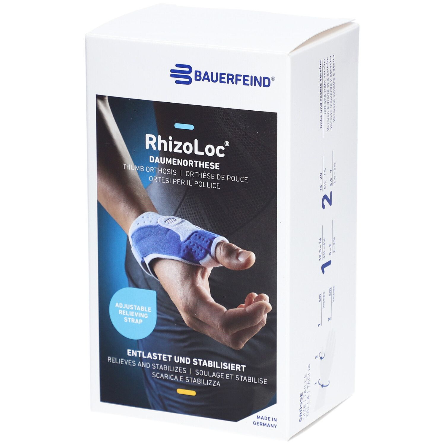Verpackung der Daumenorthese RhizoLoc von Bauerfeind. Aufdruck: Produktabbildung, Schriftzug, Logo, Beschreibung.