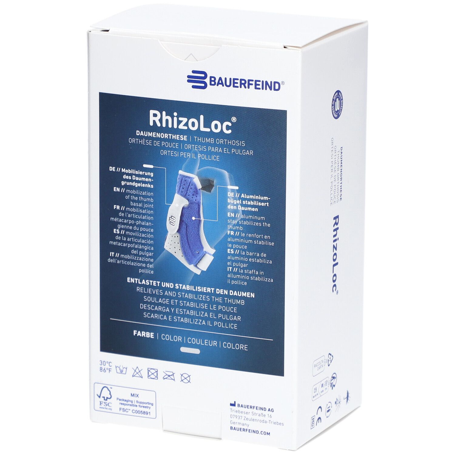 Verpackung der Daumenorthese RhizoLoc von Bauerfeind. Aufdruck: Produktabbildung, Beschreibung, Farbangaben, CE-Kennzeichnung.