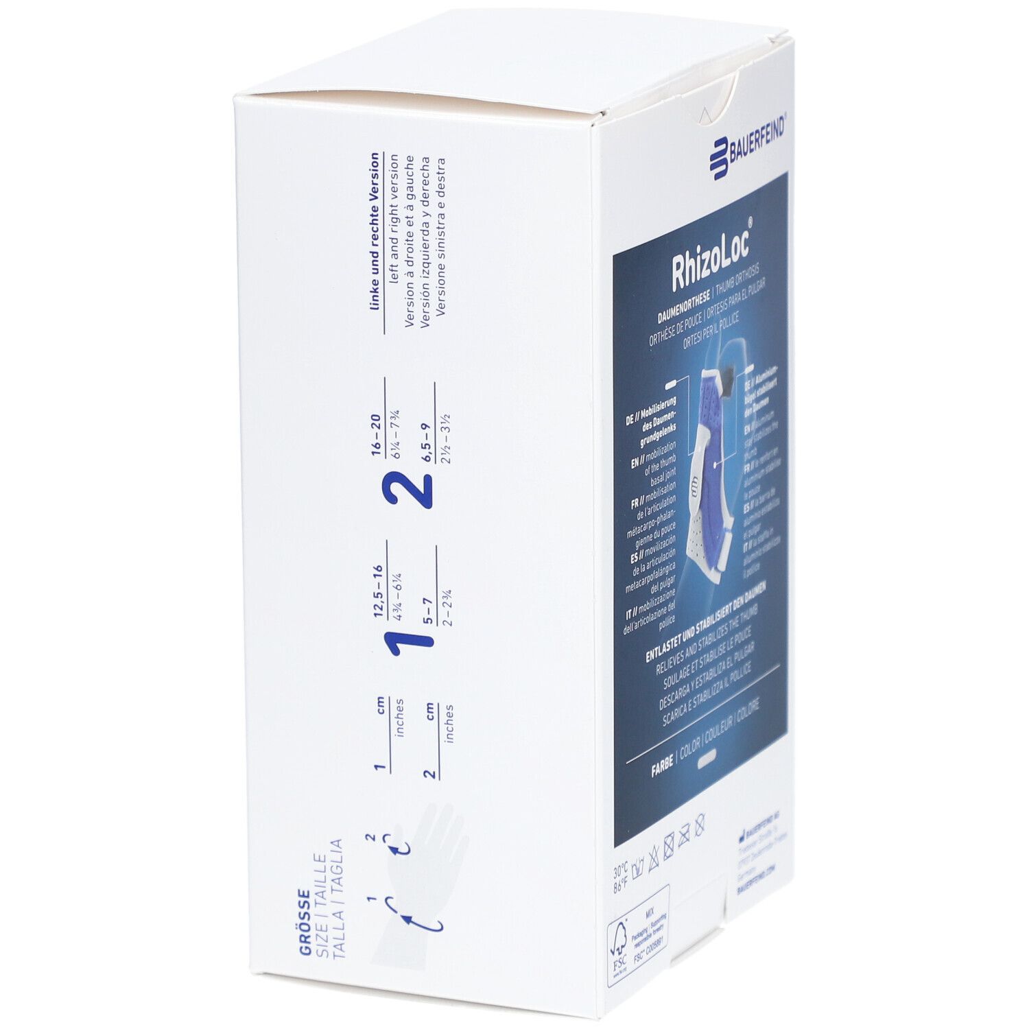 Verpackung der Daumenorthese RhizoLoc von Bauerfeind. Aufdruck: Größenangaben, Größenvergleich, CE-Kennzeichnung.