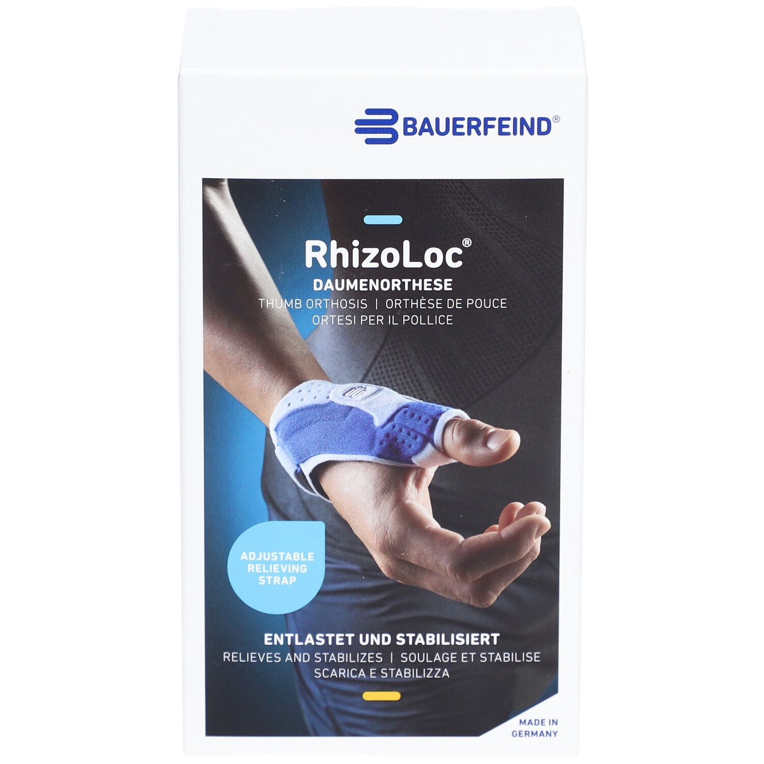 Daumenorthese RhizoLoc von Bauerfeind in der Verpackung. Produktabbildung, Schriftzug, Logo, Beschreibung.