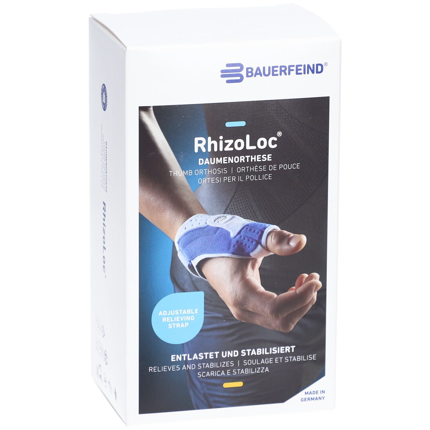 Daumenorthese RhizoLoc von Bauerfeind in der Verpackung. Produktabbildung, Schriftzug, Logo, Beschreibung.