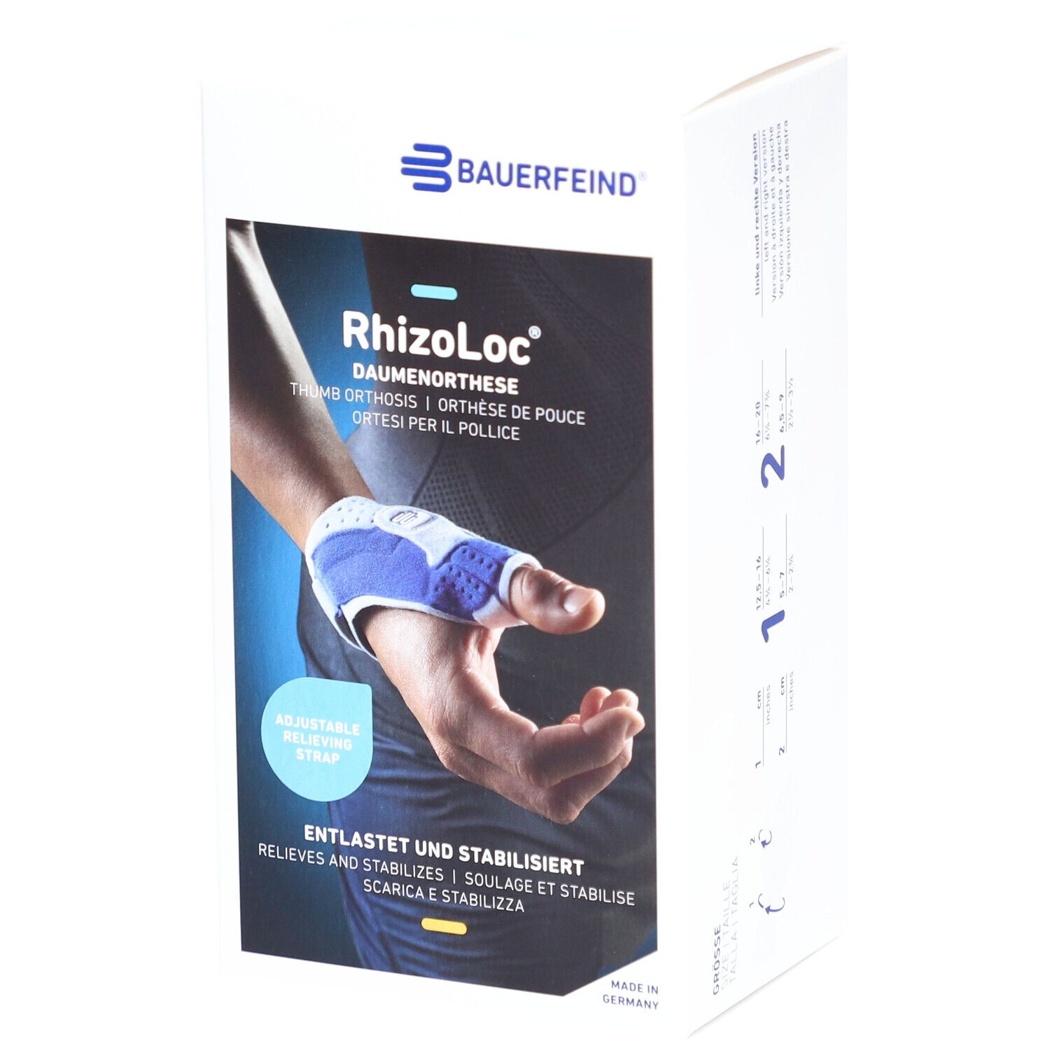 Emballage de l'orthèse de pouce RhizoLoc. Orthèse bleu et blanc sur le poignet. Texte : BAUERFEIND, RhizoLoc, soulage et stabilise.