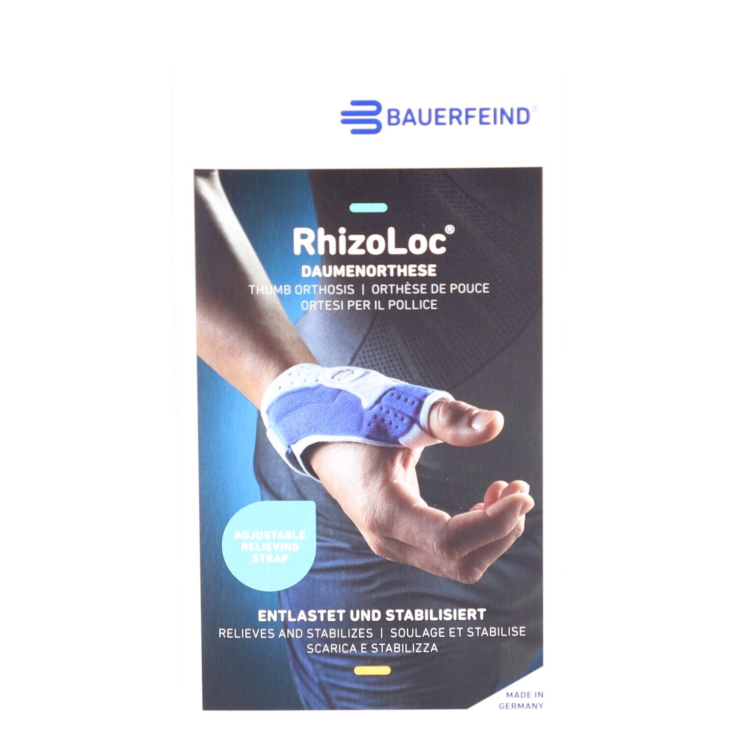 Orthèse de pouce RhizoLoc. Orthèse bleu et blanc sur le poignet. Texte : BAUERFEIND, RhizoLoc, soulage et stabilise. Fabriqué en Allemagne.