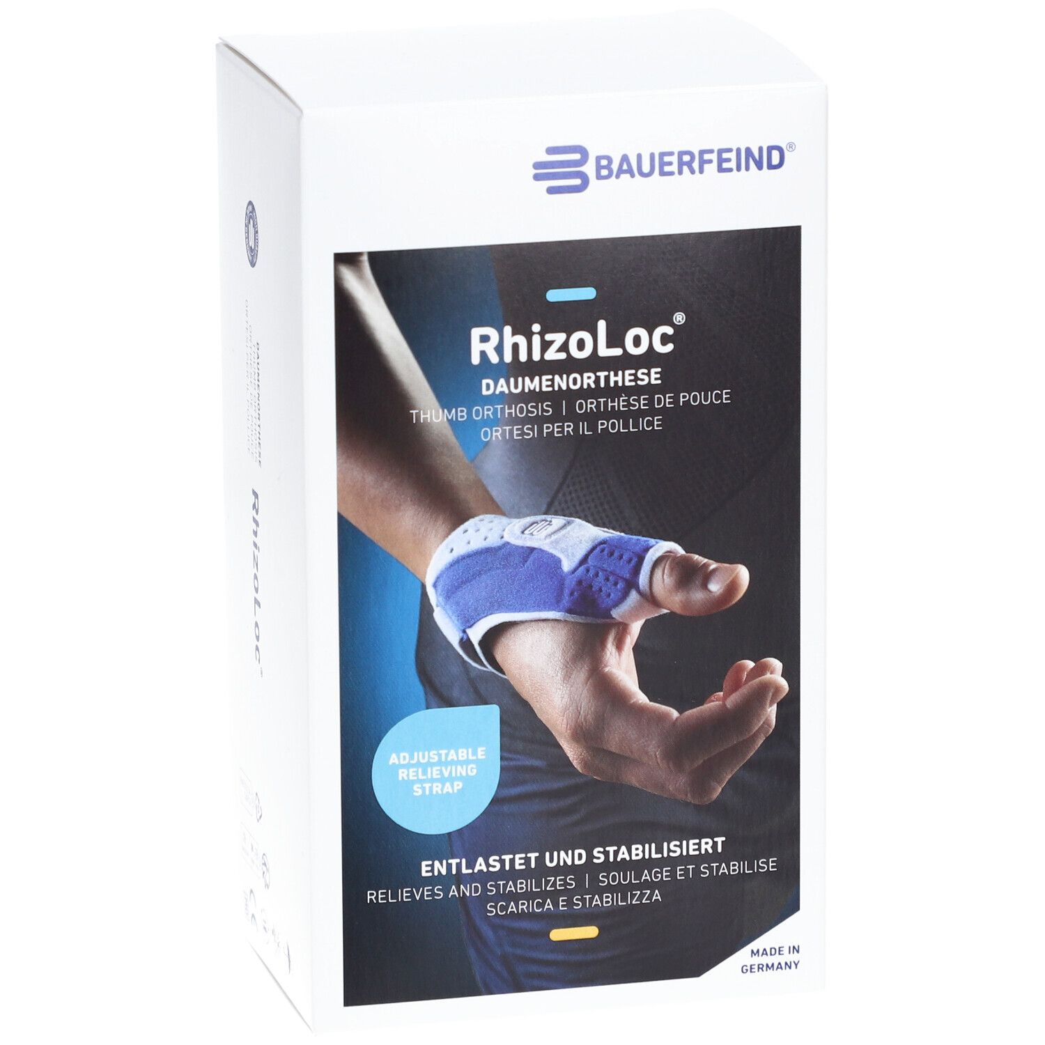 Emballage de l'orthèse de pouce RhizoLoc. Orthèse bleu et blanc sur le poignet. Texte : BAUERFEIND, RhizoLoc, soulage et stabilise.