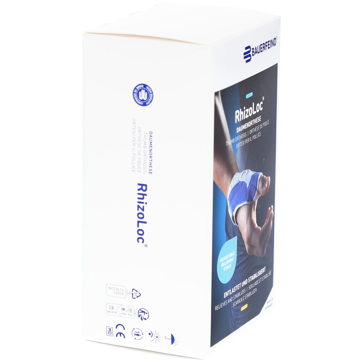 Verpackung der Daumenorthese RhizoLoc von Bauerfeind. Seitenansicht mit Produktabbildung und Text. CE-Kennzeichnung und andere Symbole.