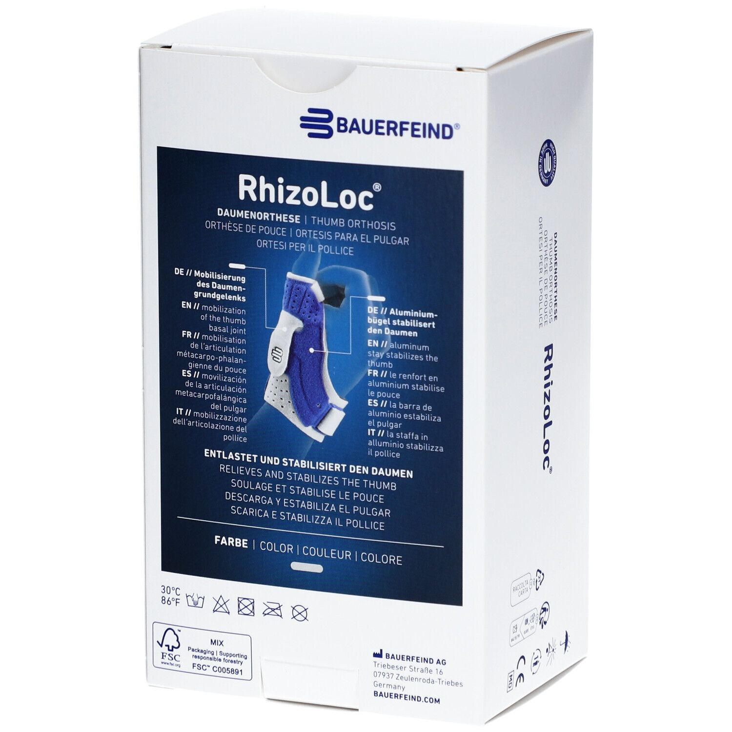 Verpackung der Daumenorthese RhizoLoc von Bauerfeind. Rückseite mit Produktabbildung und Text. Informationen zu Materialien und Farbe.