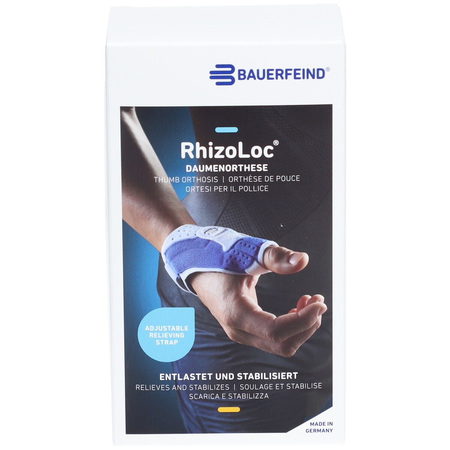 Daumenorthese RhizoLoc von Bauerfeind. Produktabbildung mit Hand, die die Orthese trägt. Text: Entlastet und stabilisiert. Verstellbarer Riemen.