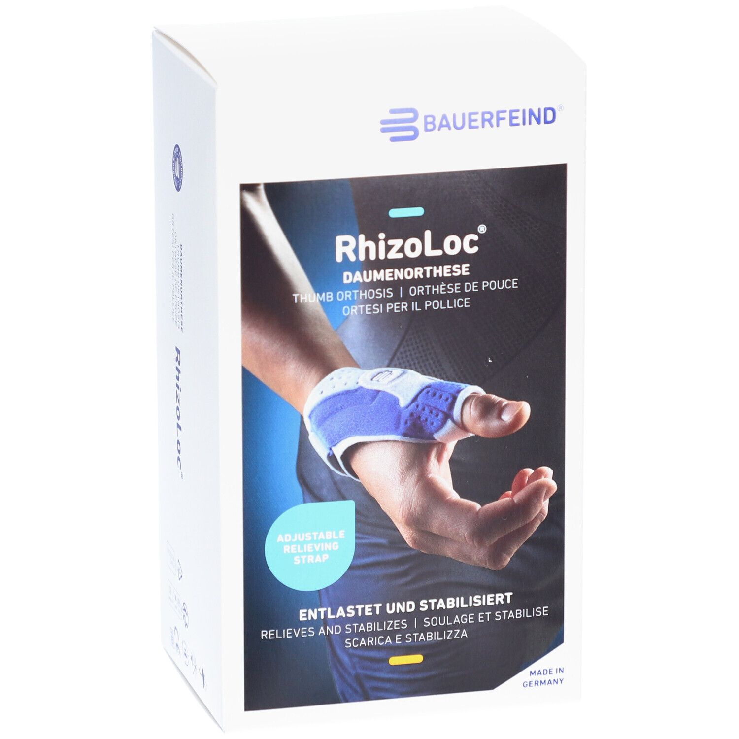 Daumenorthese RhizoLoc von Bauerfeind. Produktabbildung mit Hand, die die Orthese trägt. Text: Entlastet und stabilisiert. Verstellbarer Riemen.
