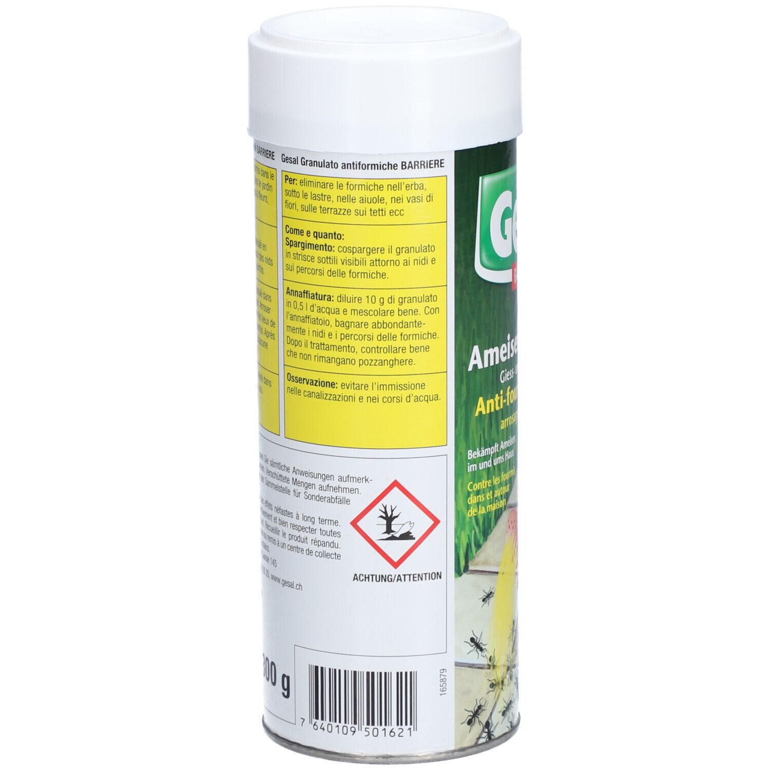 Rückseite der zylindrischen Dose. Text in mehreren Sprachen. Gefahrensymbol. Gewicht: 300 g.
