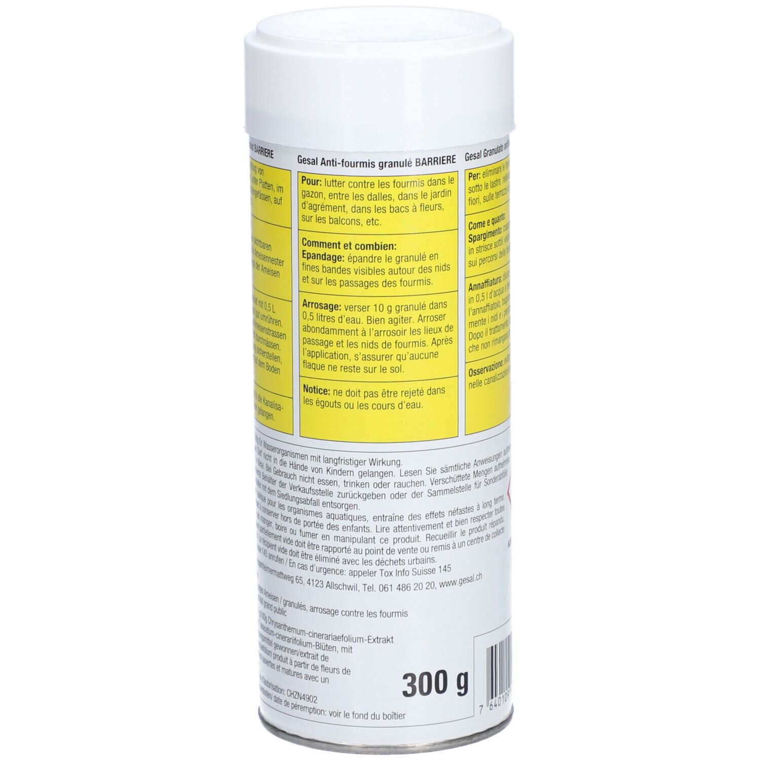 Rückseite der Dose. Text in mehreren Sprachen. Gefahrenhinweis. Gewicht: 300 g.