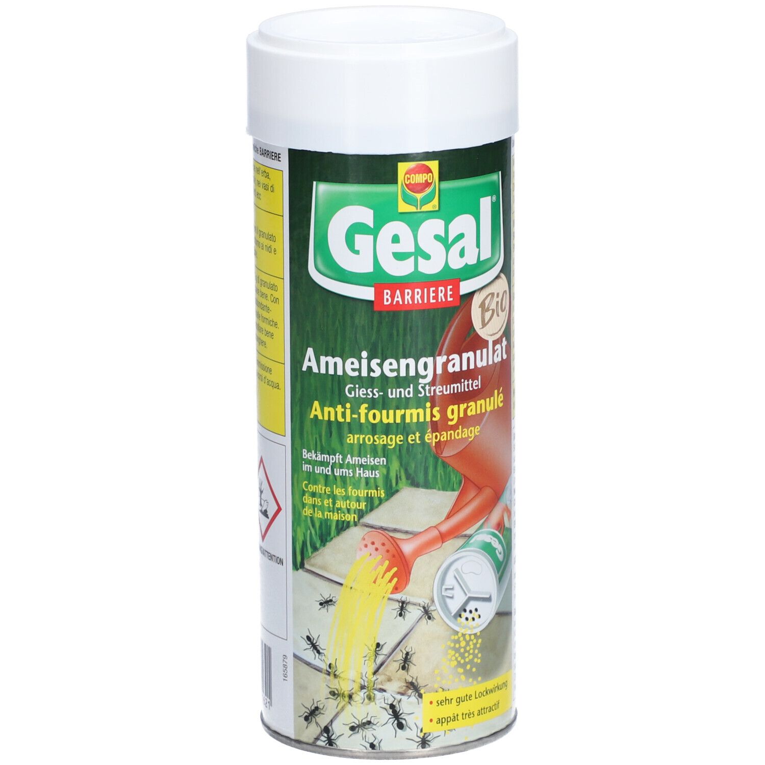 Zylindrische Dose mit weißem Deckel. Grün-weißes Etikett mit Produktnamen und Logo. Ameisen auf Fliesen dargestellt.