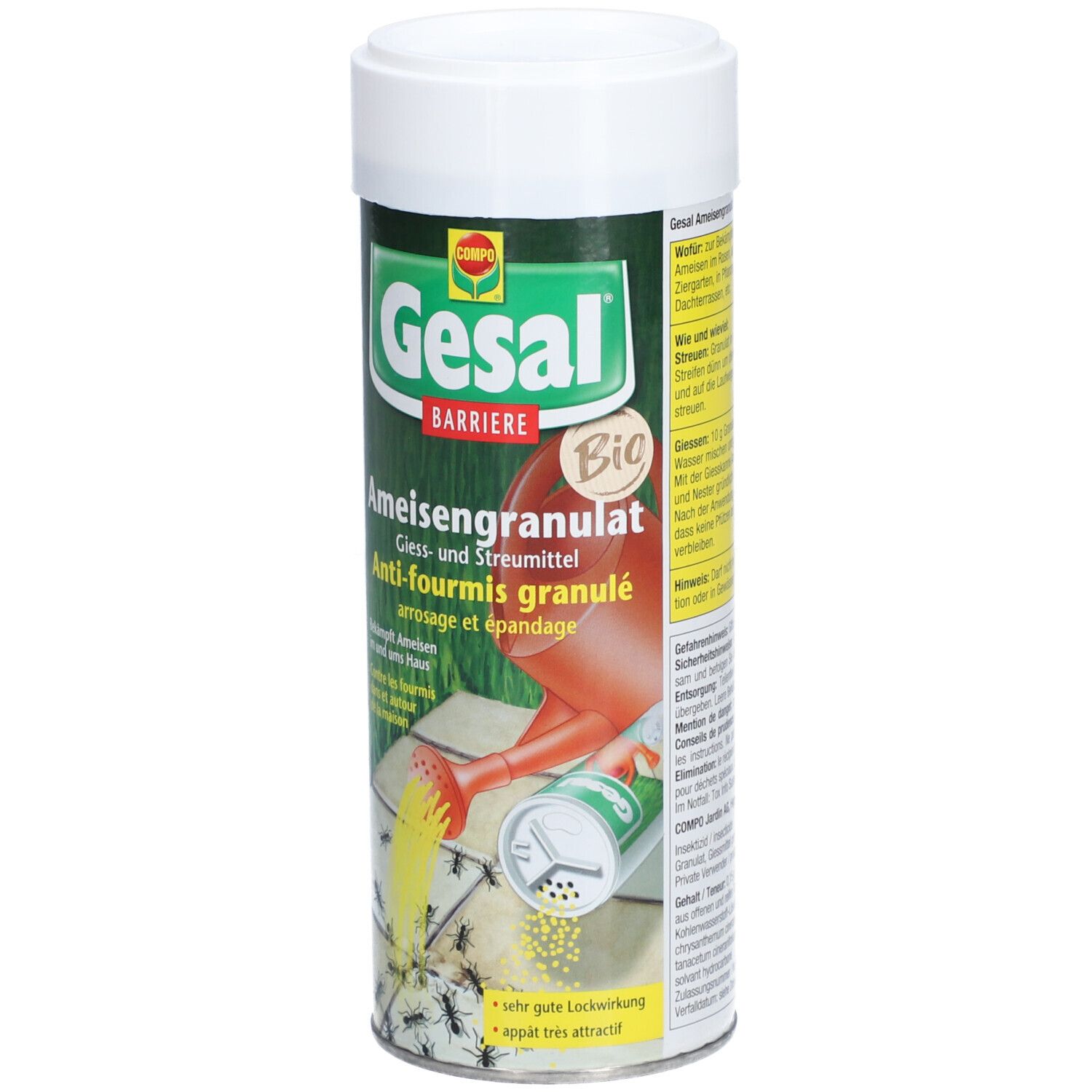 Zylindrische Dose mit weißem Deckel. Grün-weißes Etikett mit Produktnamen und Logo. Ameisen auf Fliesen dargestellt.