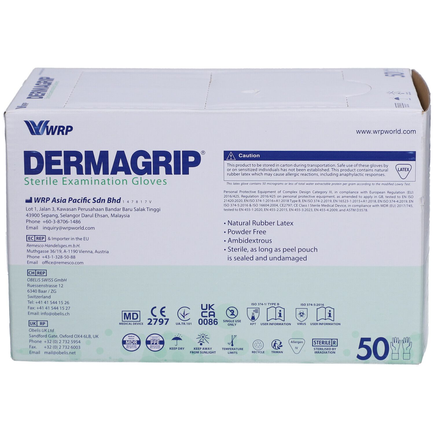 Boîte de gants d'examen stériles Dermagrip. Logo WRP. Texte: latex, sans poudre, stériles. 50 unités. Certifications.