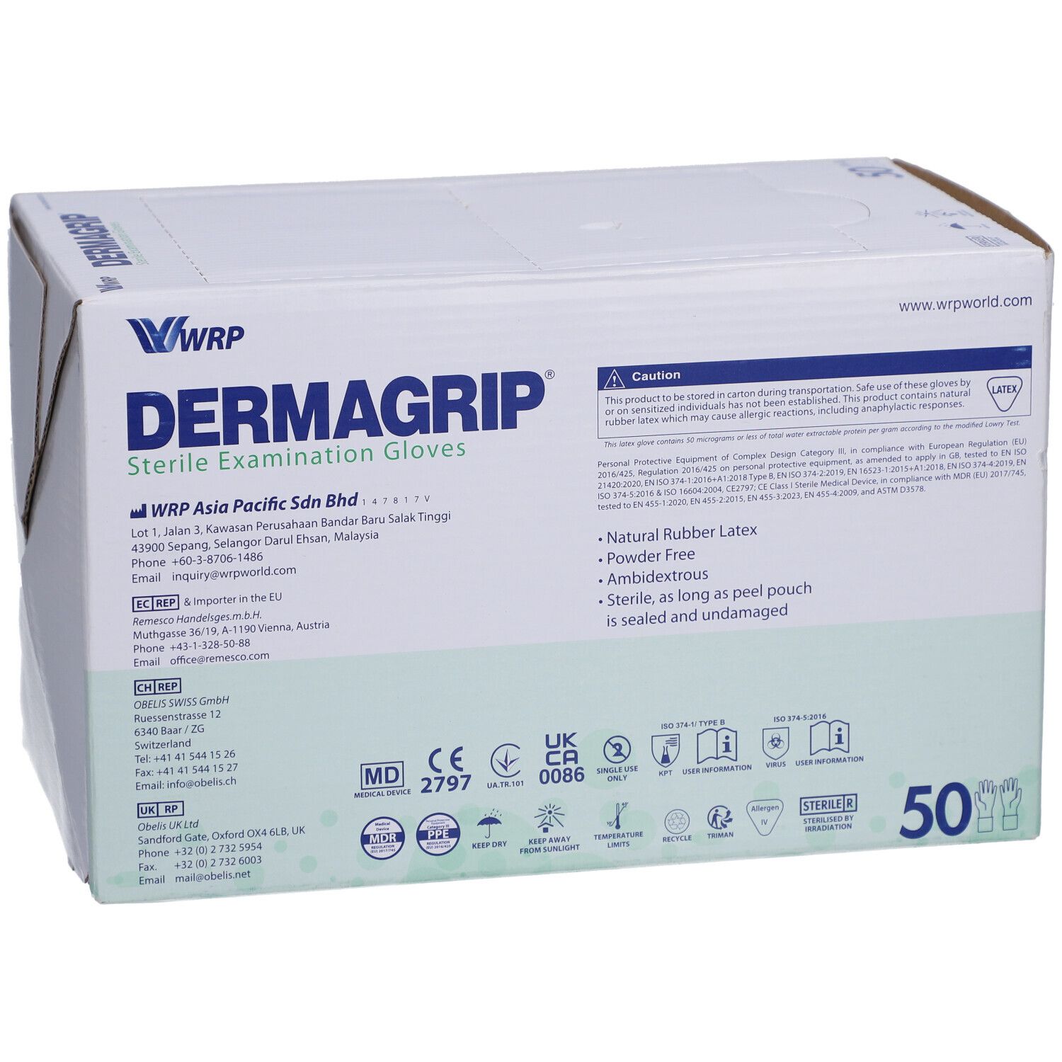 Boîte de gants d'examen stériles Dermagrip. Logo WRP. Texte: latex, sans poudre, stériles. 50 unités. Certifications.