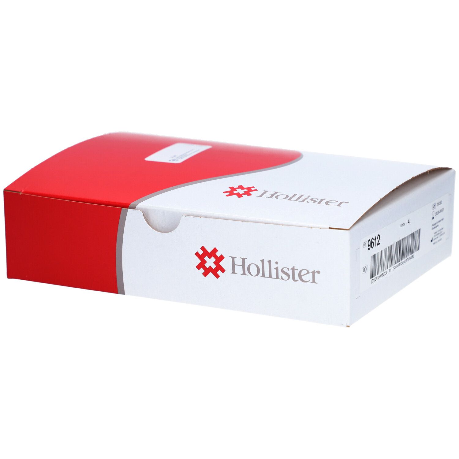 Boîte Hollister rouge et blanche. Logo et informations produit. Code-barres et numéro de lot visibles.