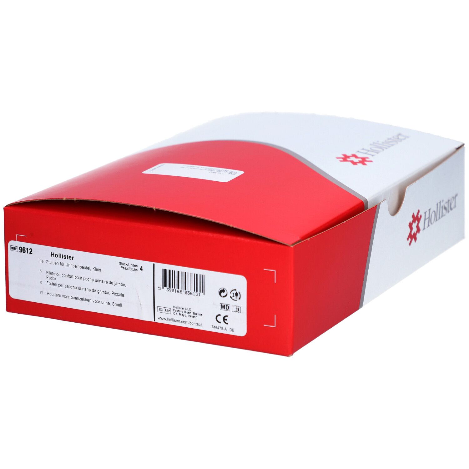 Emballage Hollister rouge et blanc. Logo et informations produit sur le côté. Code-barres et marquage CE.
