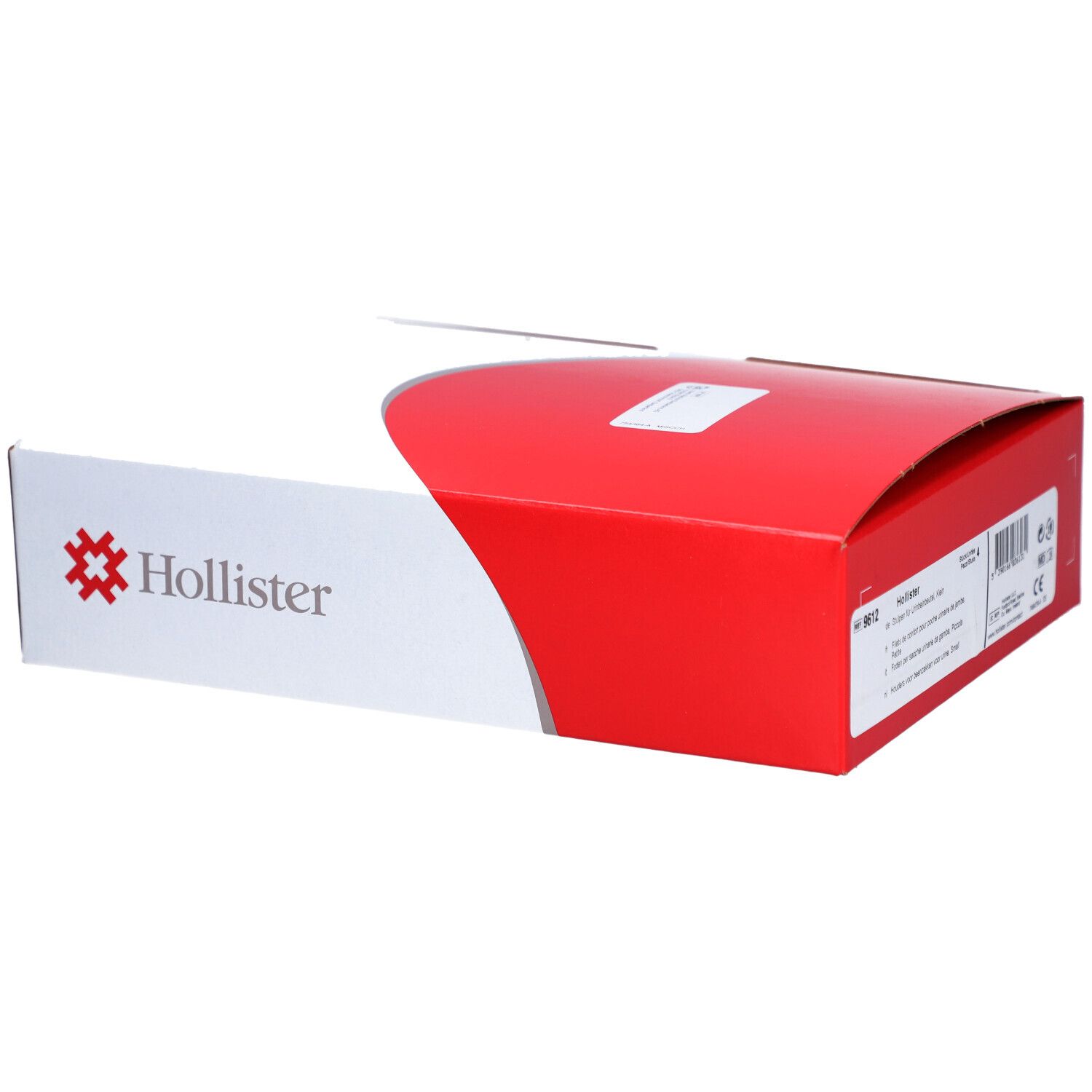 Boîte Hollister ouverte, rouge et blanche. Logo et informations produit visibles. Code-barres et numéro de lot.