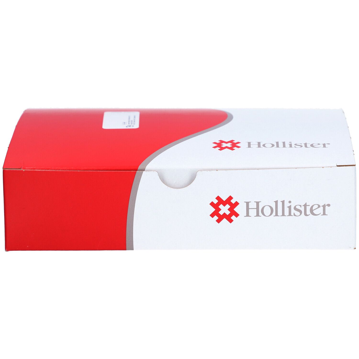 Boîte Hollister fermée, rouge et blanche. Logo et informations produit. Boîte de forme arrondie.