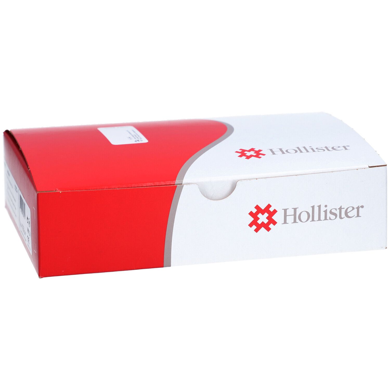 Boîte Hollister, rouge et blanche. Logo et informations produit. Boîte de forme arrondie.