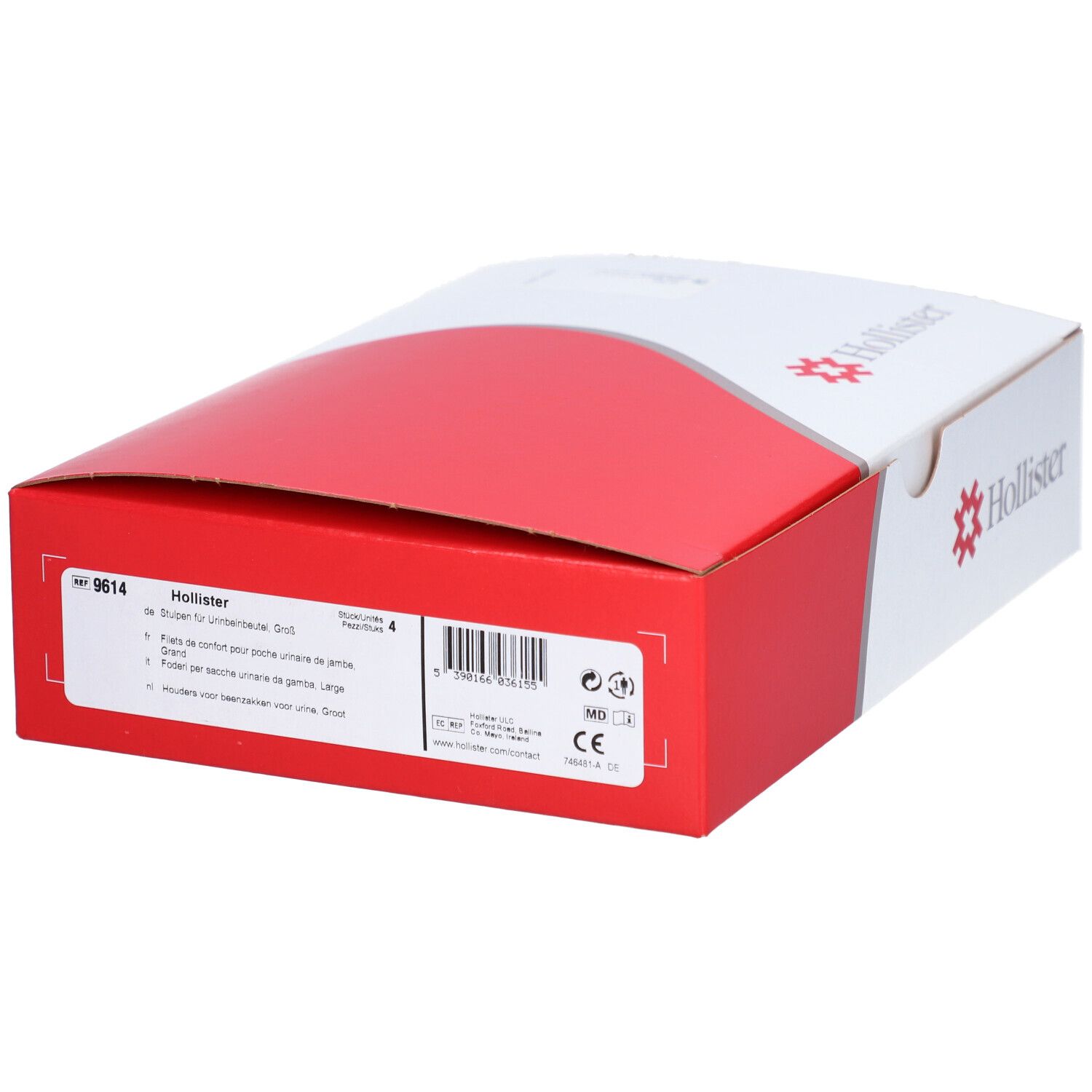 Hollister-Verpackung. Weiß und rot. Produktnummer 9614 und Text auf der Seite.