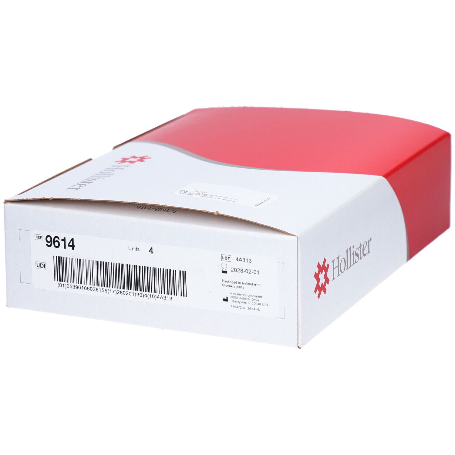 Hollister-Verpackung. Weiß und rot. Produktnummer 9614 und Barcode sichtbar.