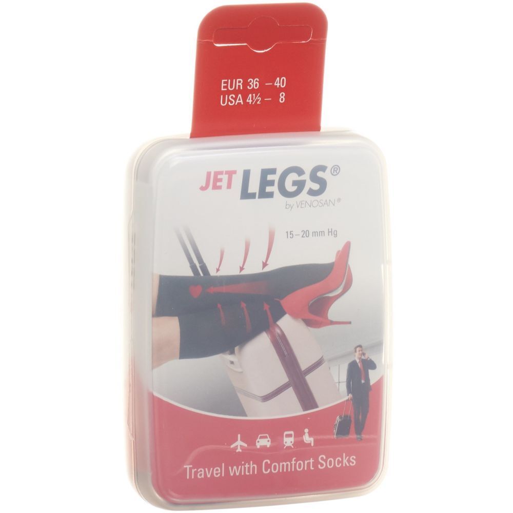 Verpackung mit schwarzen JET LEGS® Reisesocken. Größenangabe: EUR 36-40, USA 4 1/2 - 8. Aufdruck: Travel with Comfort Socks.