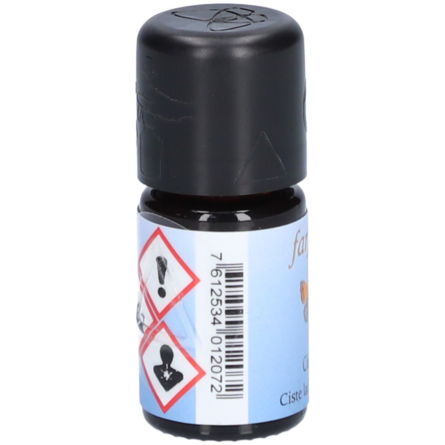 Braune Glasflasche mit schwarzem Deckel. Warnsymbole und Barcode. Aufschrift: farfalla, Cistrose, Ciste ladanifère bio.