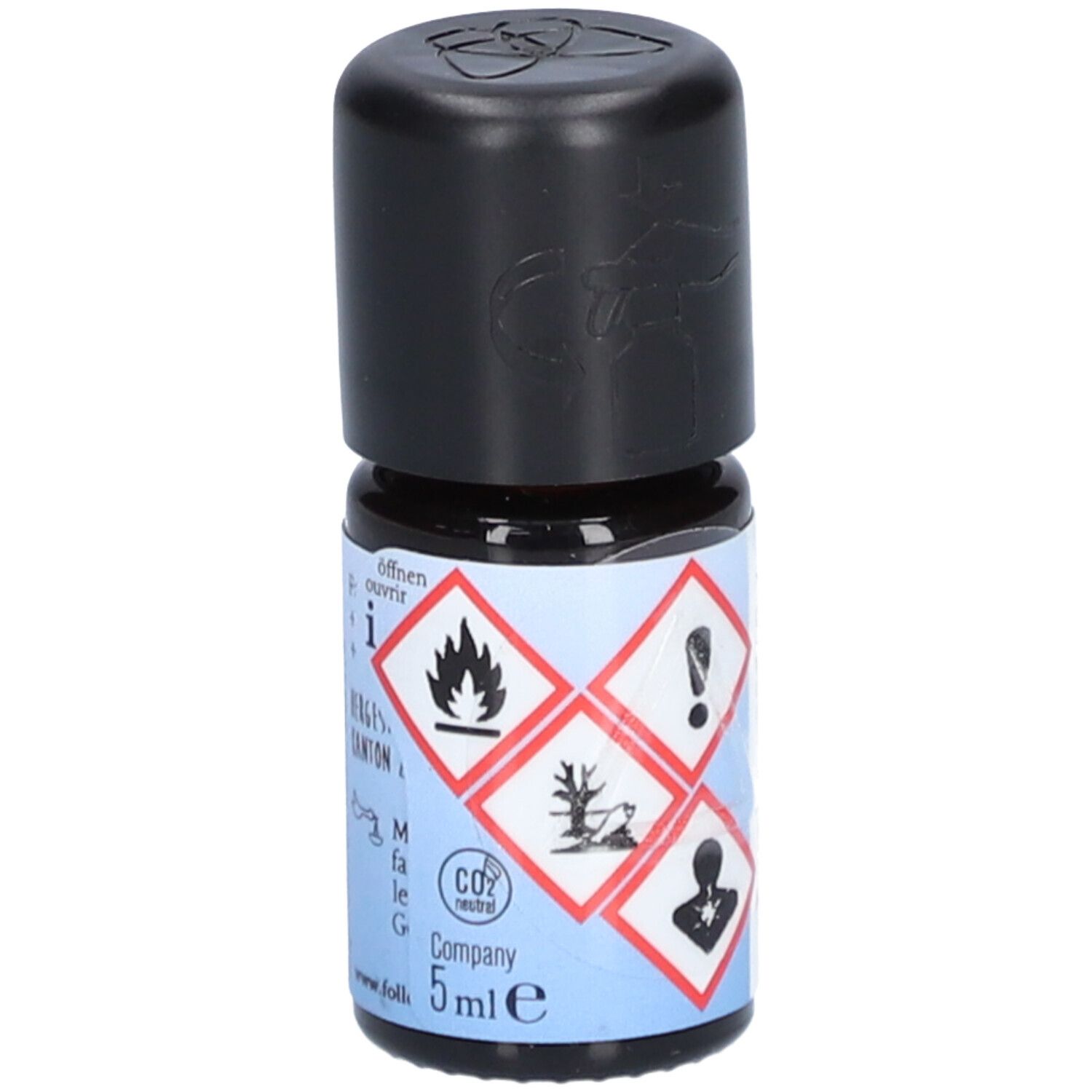 Braune Glasflasche mit schwarzem Deckel. Warnsymbole. Aufschrift: farfalla, Cistrose, Ciste ladanifère bio. Volumen: 5 ml.