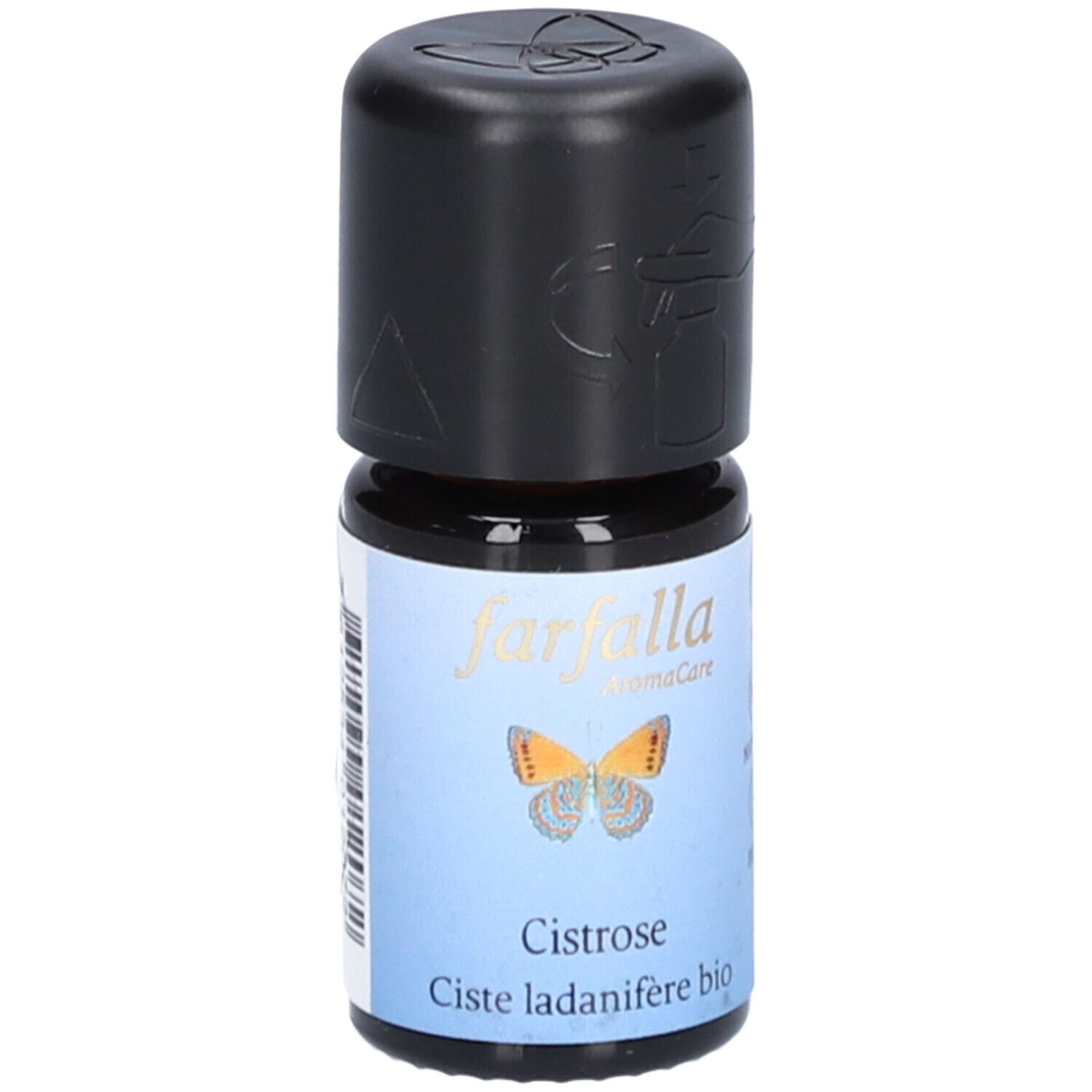 Braune Glasflasche mit schwarzem Deckel. Aufschrift: farfalla, Cistrose, Ciste ladanifère bio. Bio-Siegel und 100% Natural.