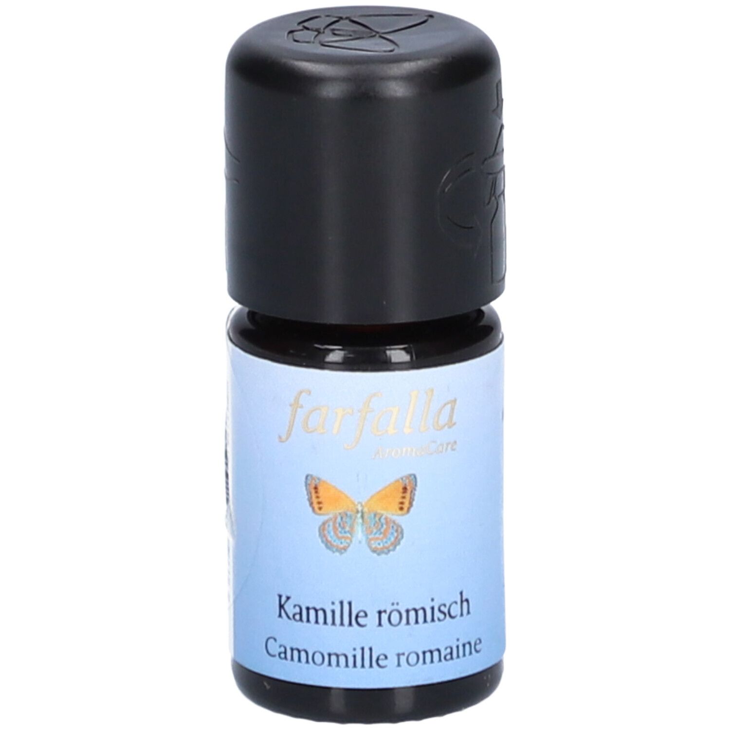 Petite bouteille à bouchon noir. Étiquette: farfalla, Camomille romaine, illustration de papillon.