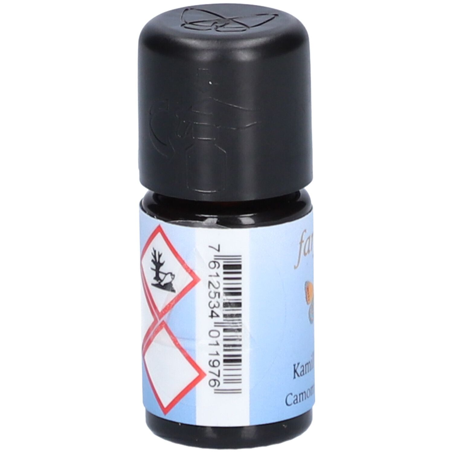 Petite bouteille à bouchon noir. Étiquette avec code-barres et symboles de danger. Logo farfalla.