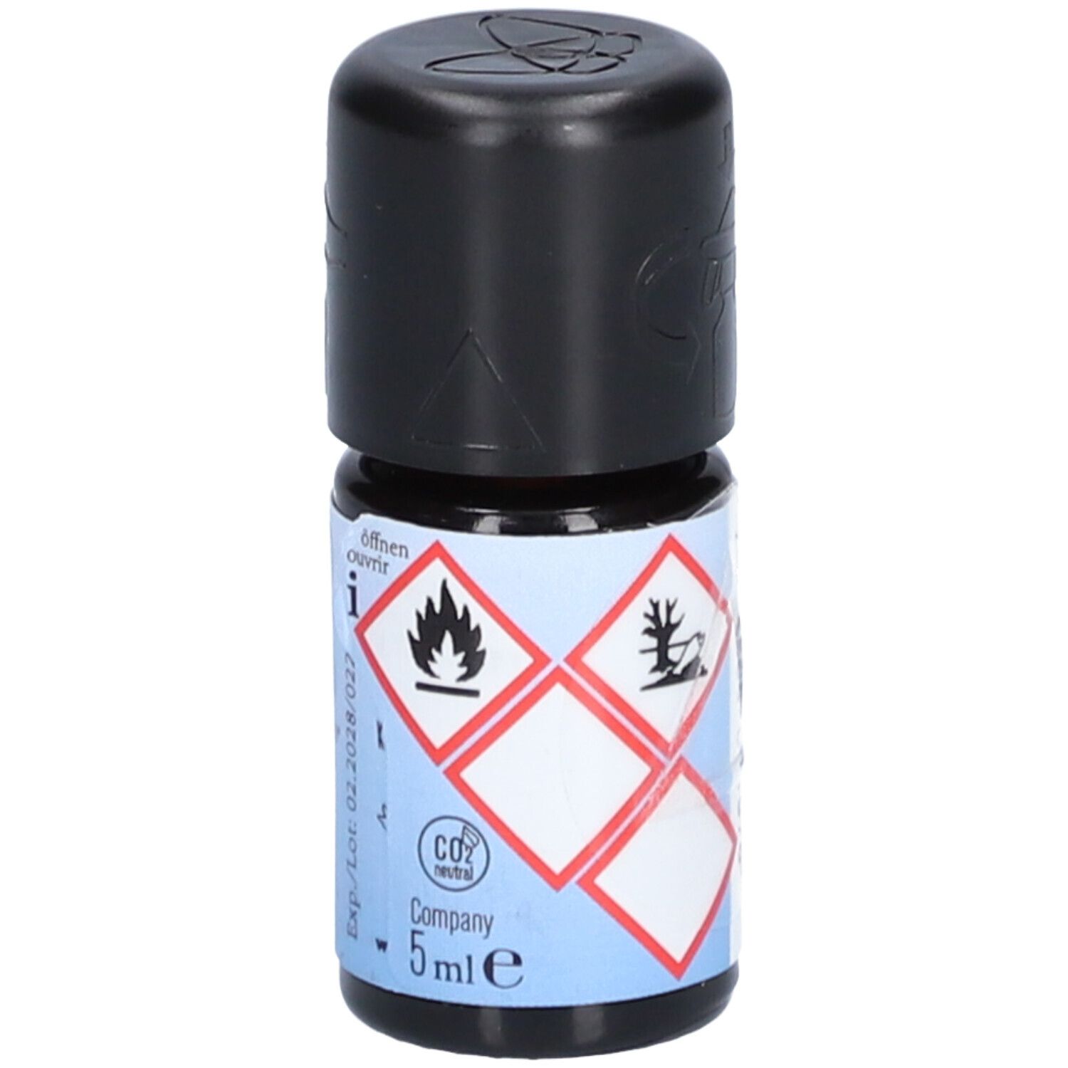 Petite bouteille à bouchon noir. Étiquette avec symboles de danger, 5 ml. Impression: CO2 neutre.