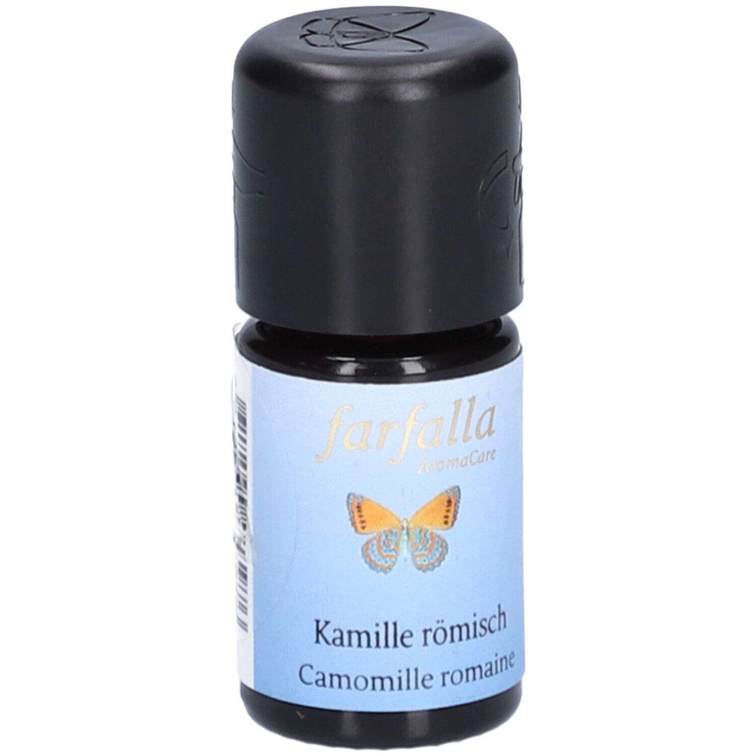 Petite bouteille à bouchon noir. Étiquette: farfalla, Camomille romaine, illustration de papillon.