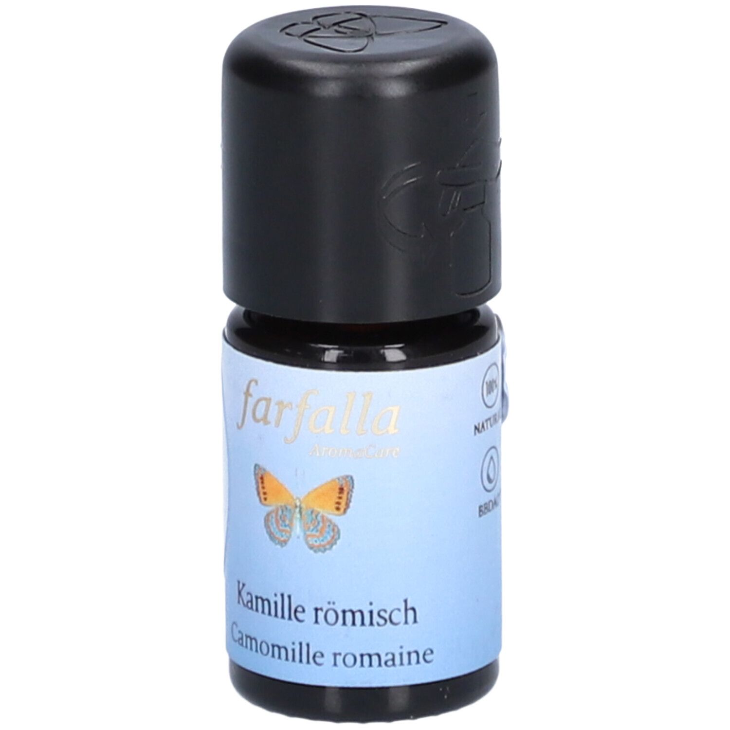 Petite bouteille à bouchon noir. Étiquette: farfalla, Camomille romaine, papillon, label naturel.