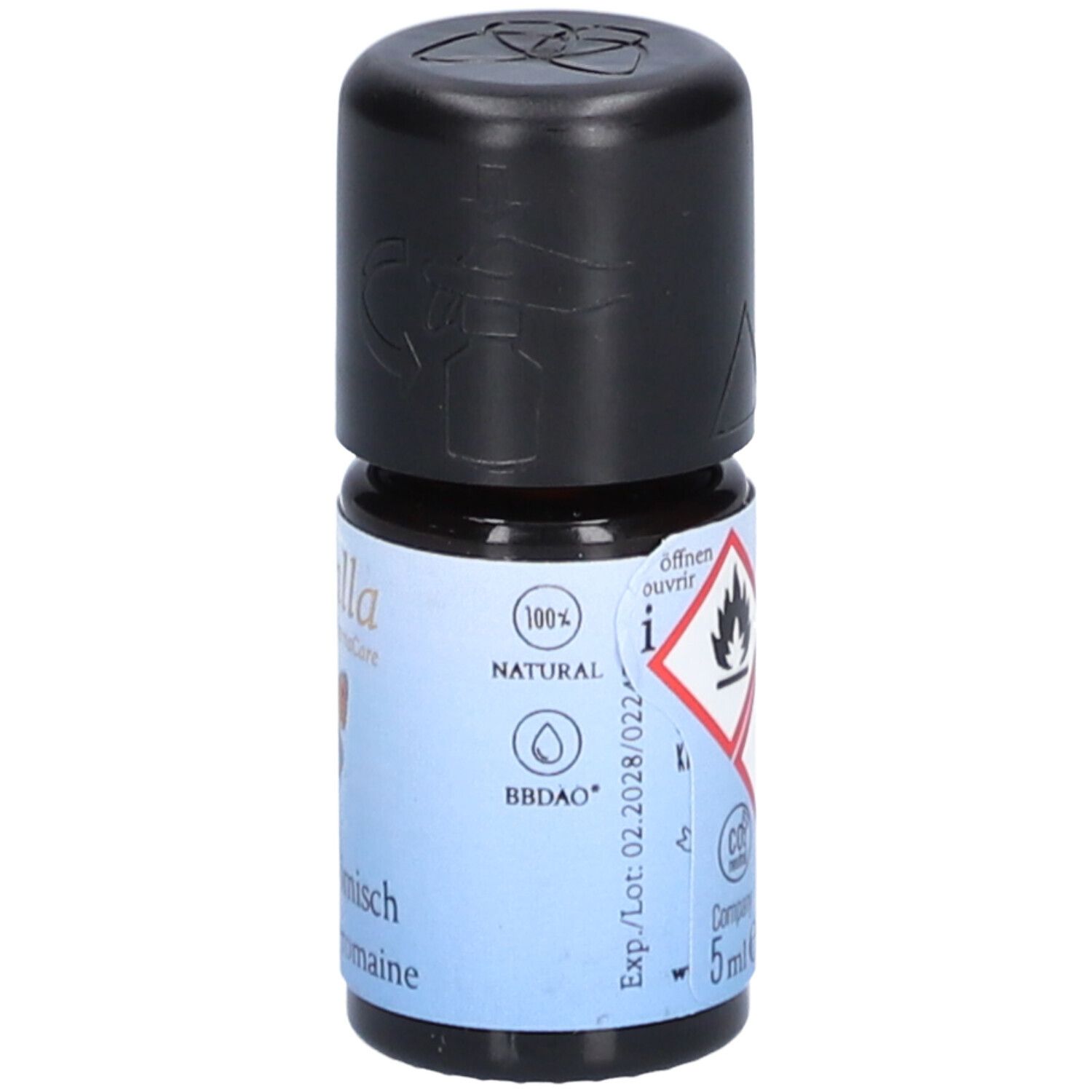 Petite bouteille à bouchon noir. Étiquette avec symboles de danger, 5 ml. Impression: 100% NATUREL.