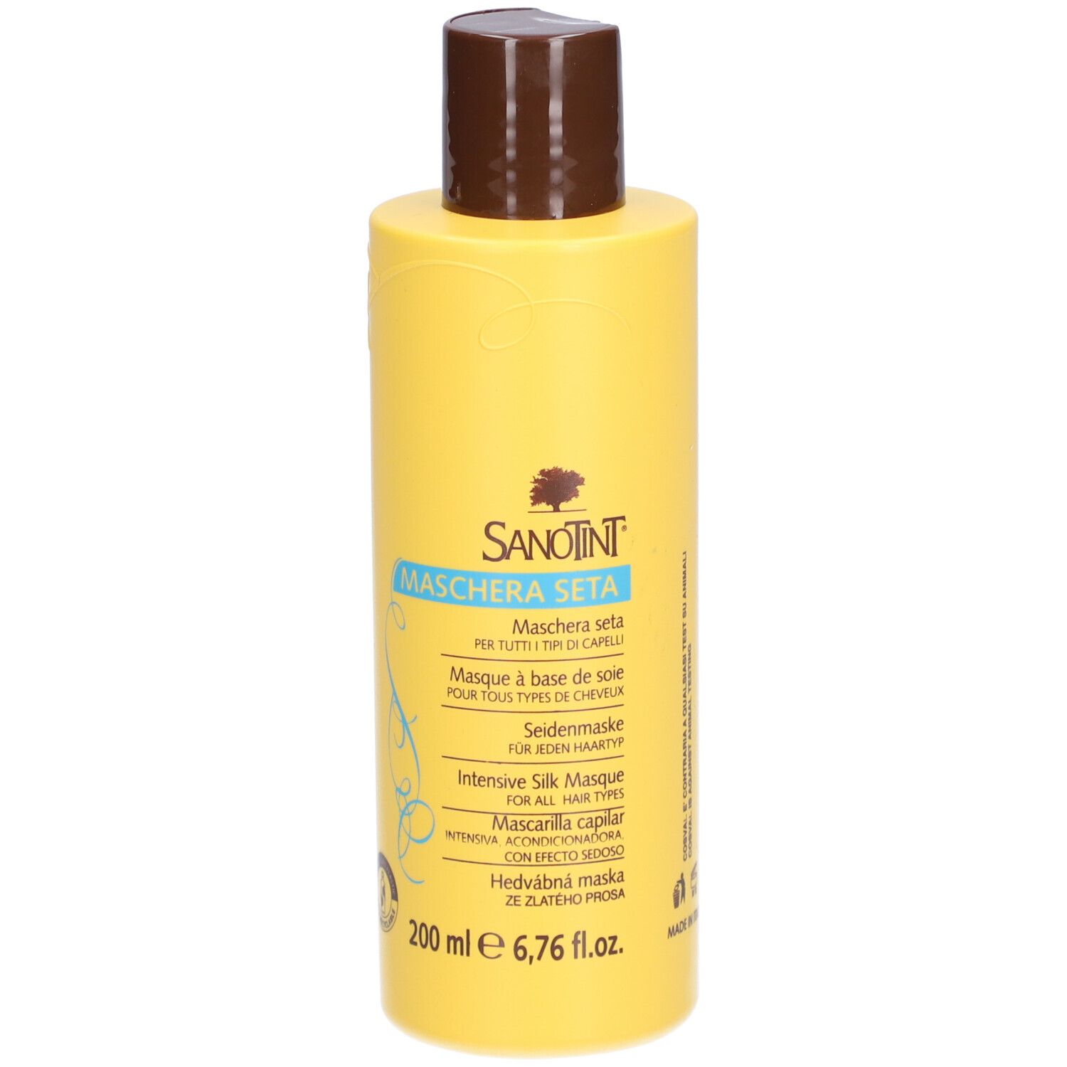 Flacon jaune avec bouchon marron. Inscription: SANOTINT Maschera Seta. 200 ml.