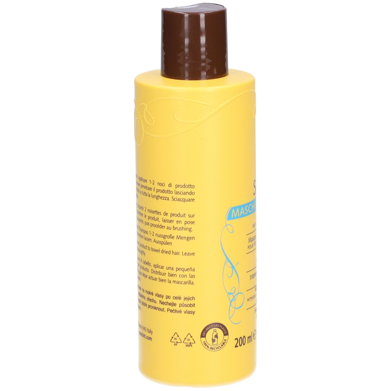 Flacon jaune avec bouchon marron. Dos avec texte. 200 ml.