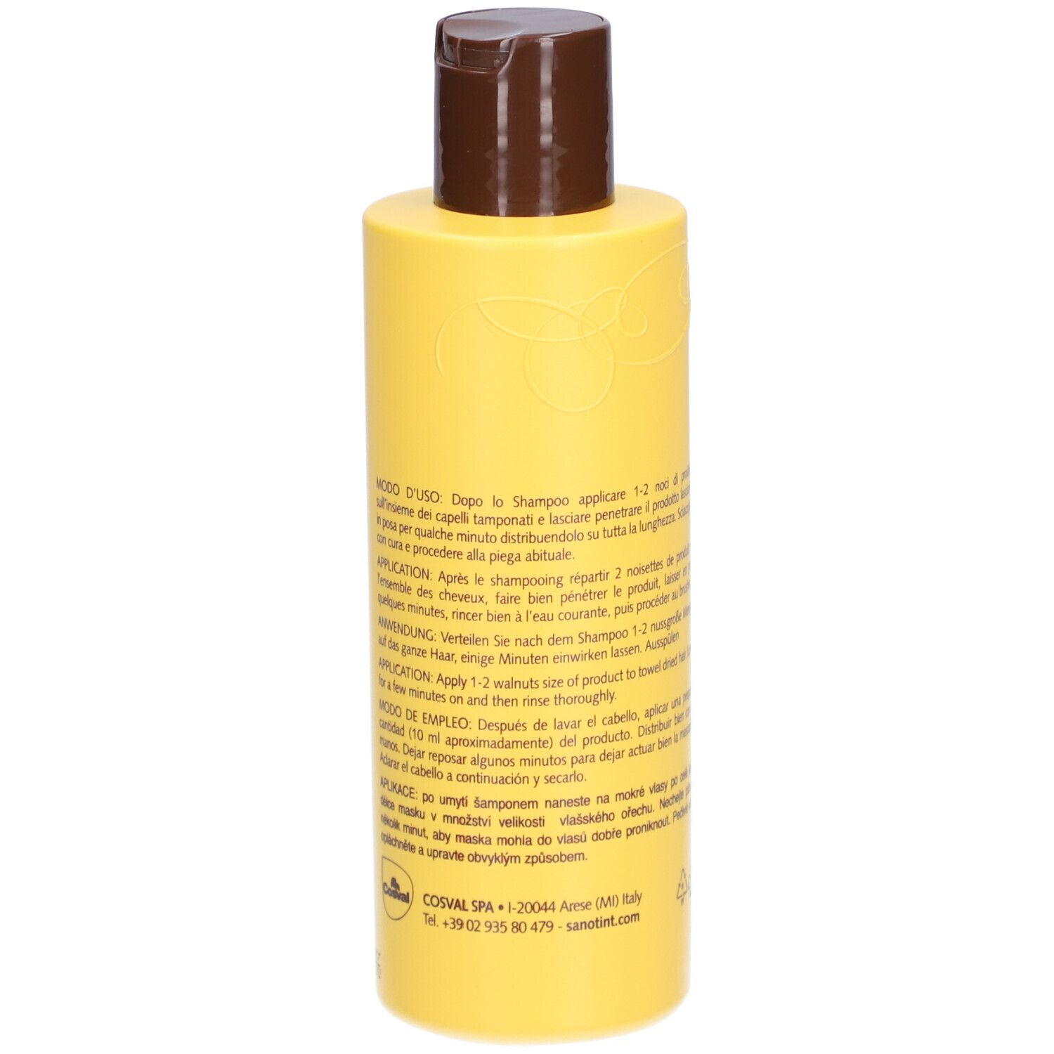 Flacon jaune avec bouchon marron. Dos avec texte. 200 ml.