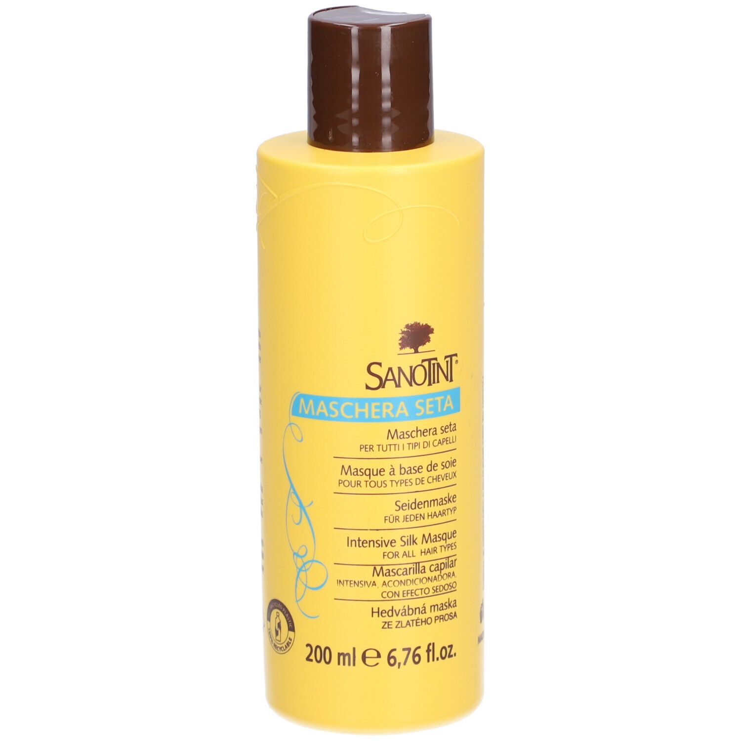 Flacon jaune avec bouchon marron. Inscription: SANOTINT Maschera Seta. 200 ml.