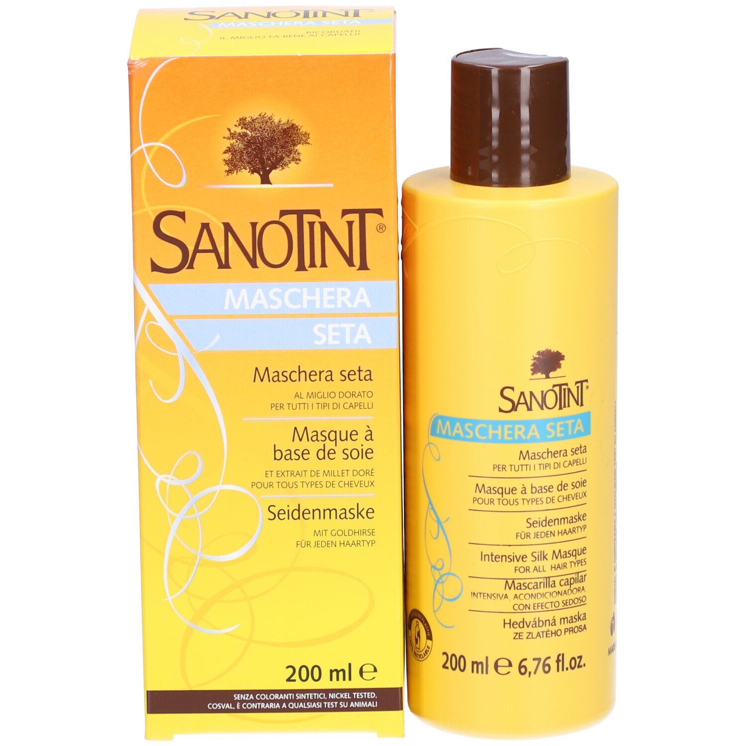 Flacon et boîte jaunes. Inscription: SANOTINT Maschera Seta. 200 ml.