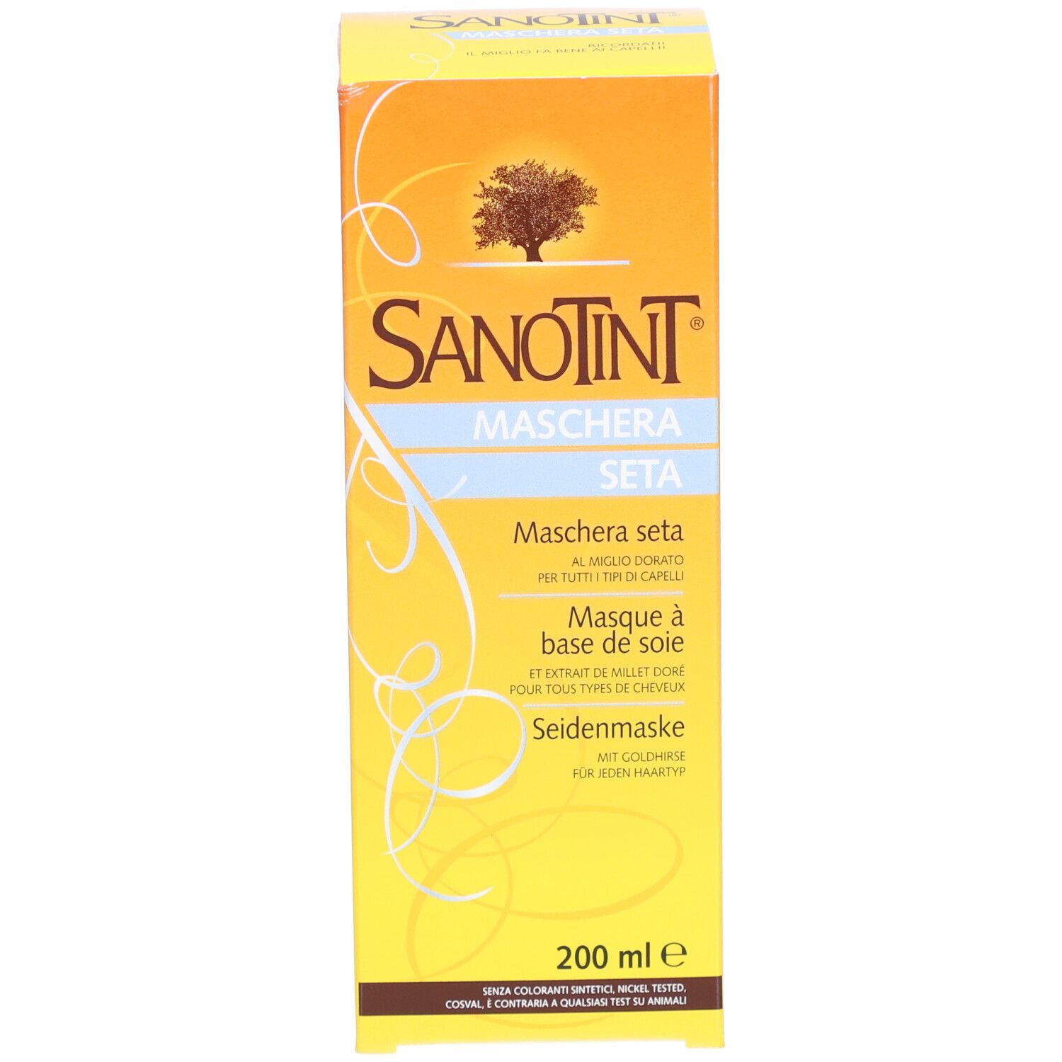 Boîte jaune. Inscription: SANOTINT Maschera Seta. 200 ml.
