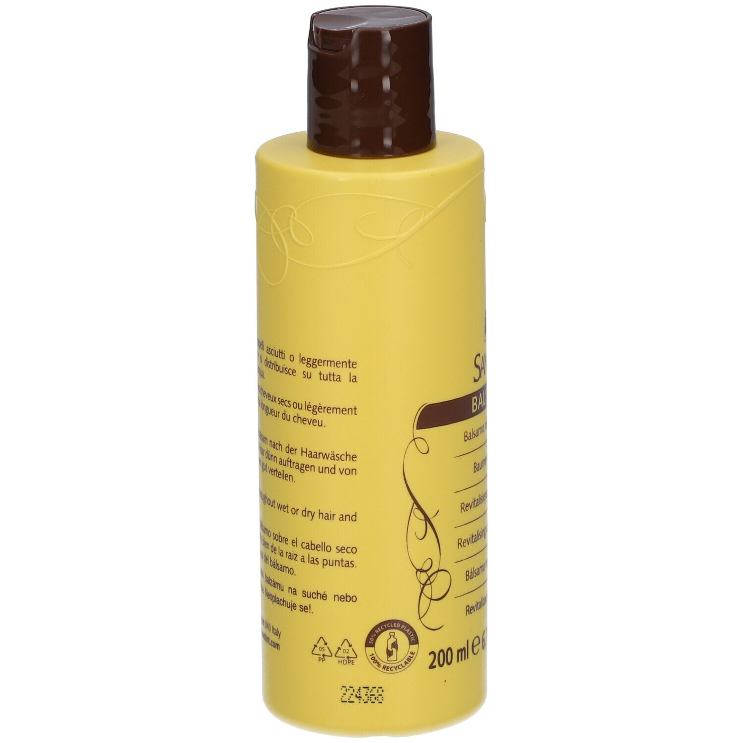Dos du flacon jaune. Texte multilingue. 200 ml. SANOTINT Balsamo.