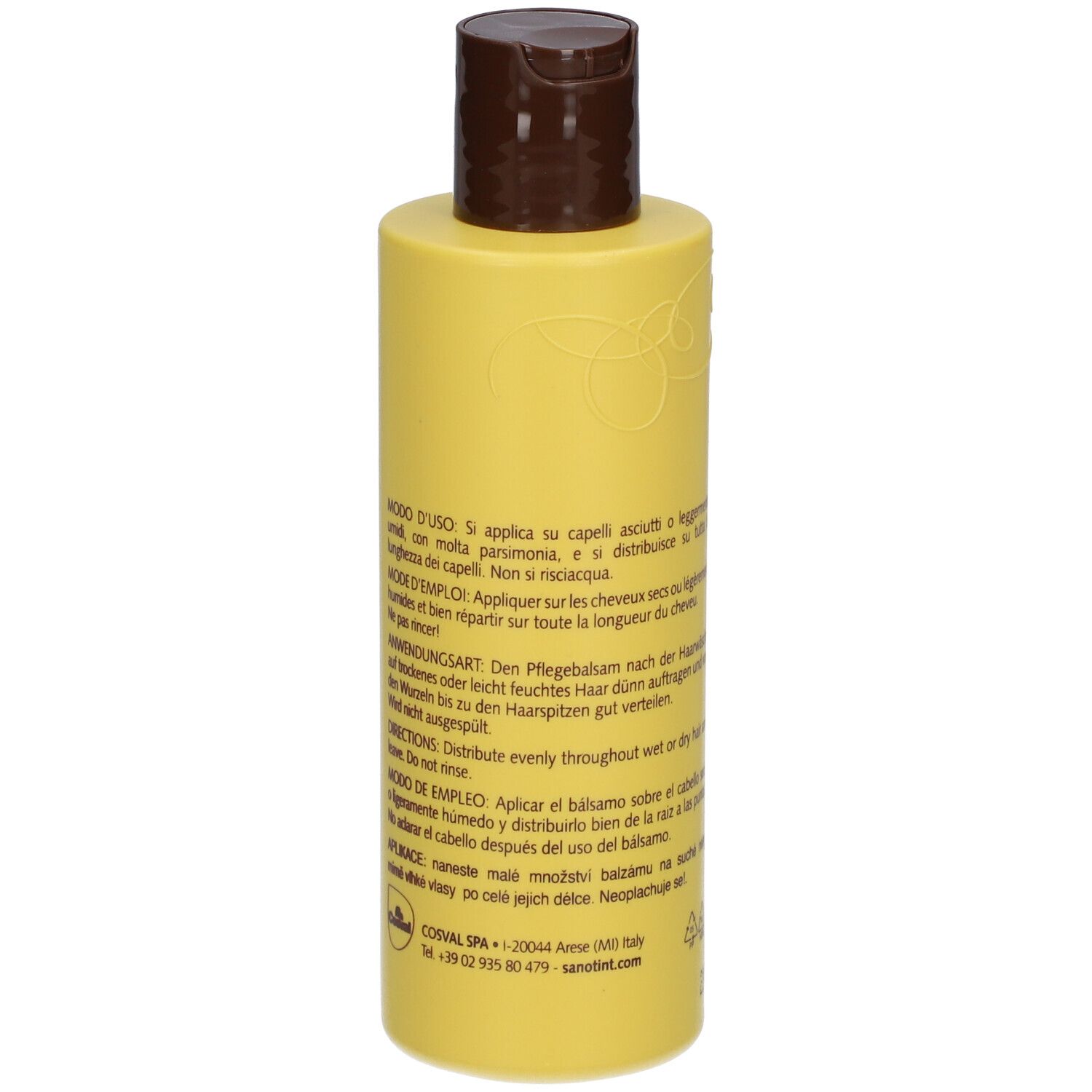 Dos du flacon jaune. Mode d'emploi multilingue. SANOTINT Balsamo.