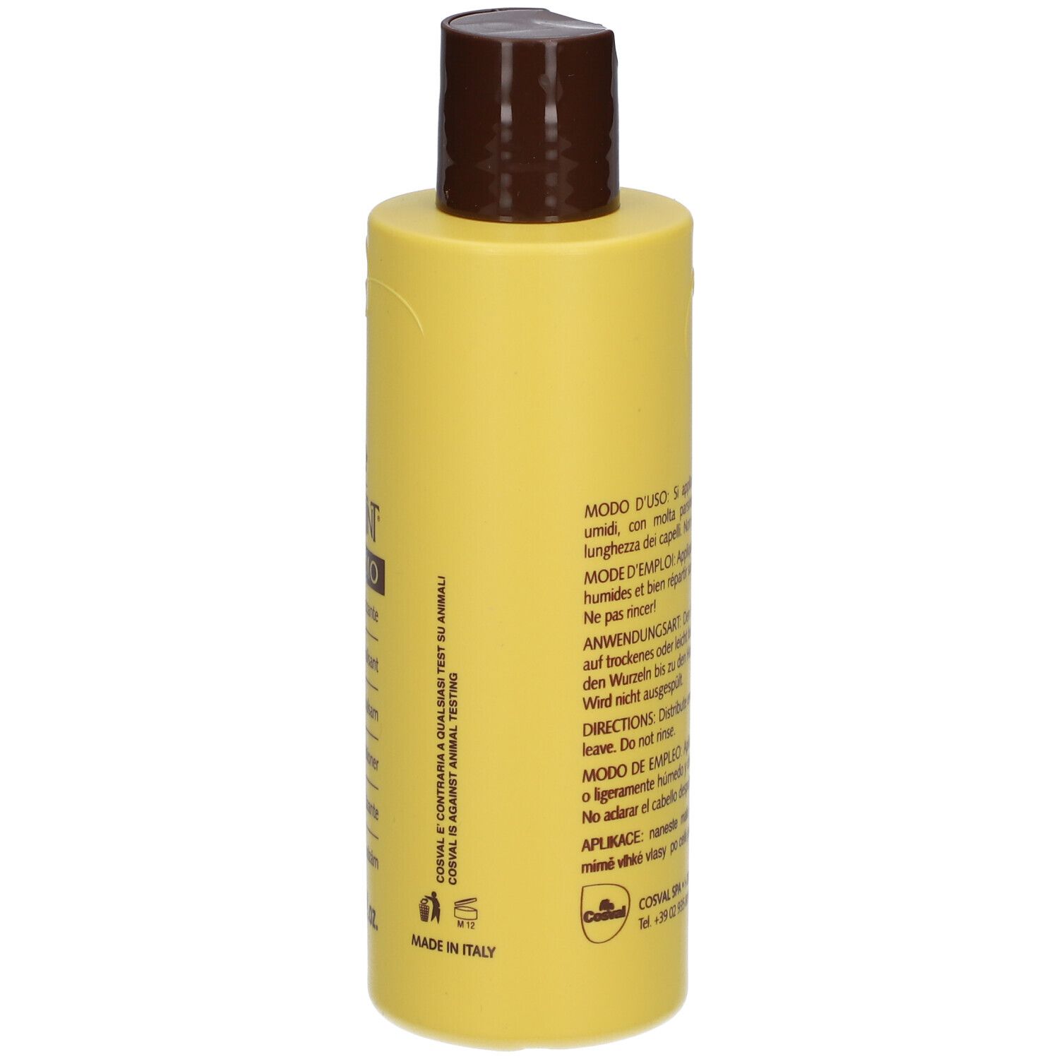 Flacon jaune, détail du dos. Texte multilingue. SANOTINT Balsamo.